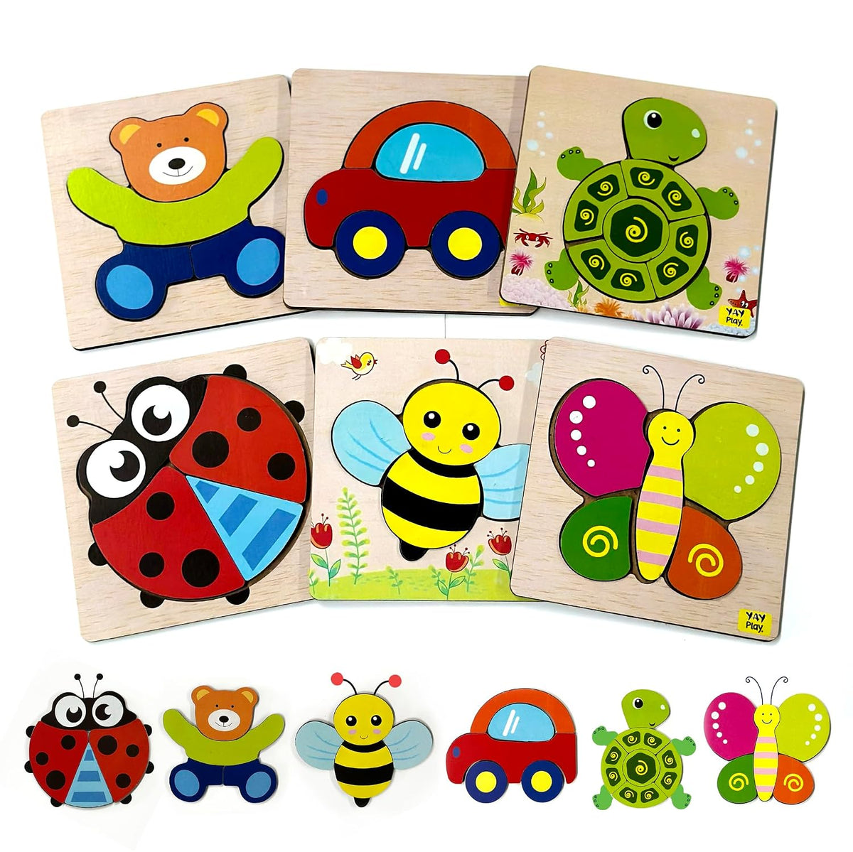 PuzzleNest – 6-in-1 Wooden Animal & Vehicle Puzzle Set for Kids