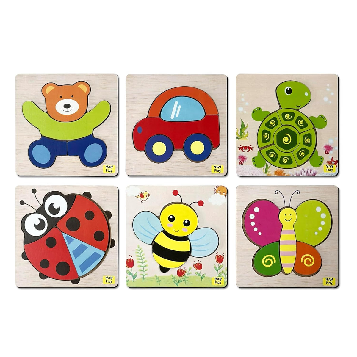 PuzzleNest – 6-in-1 Wooden Animal & Vehicle Puzzle Set for Kids