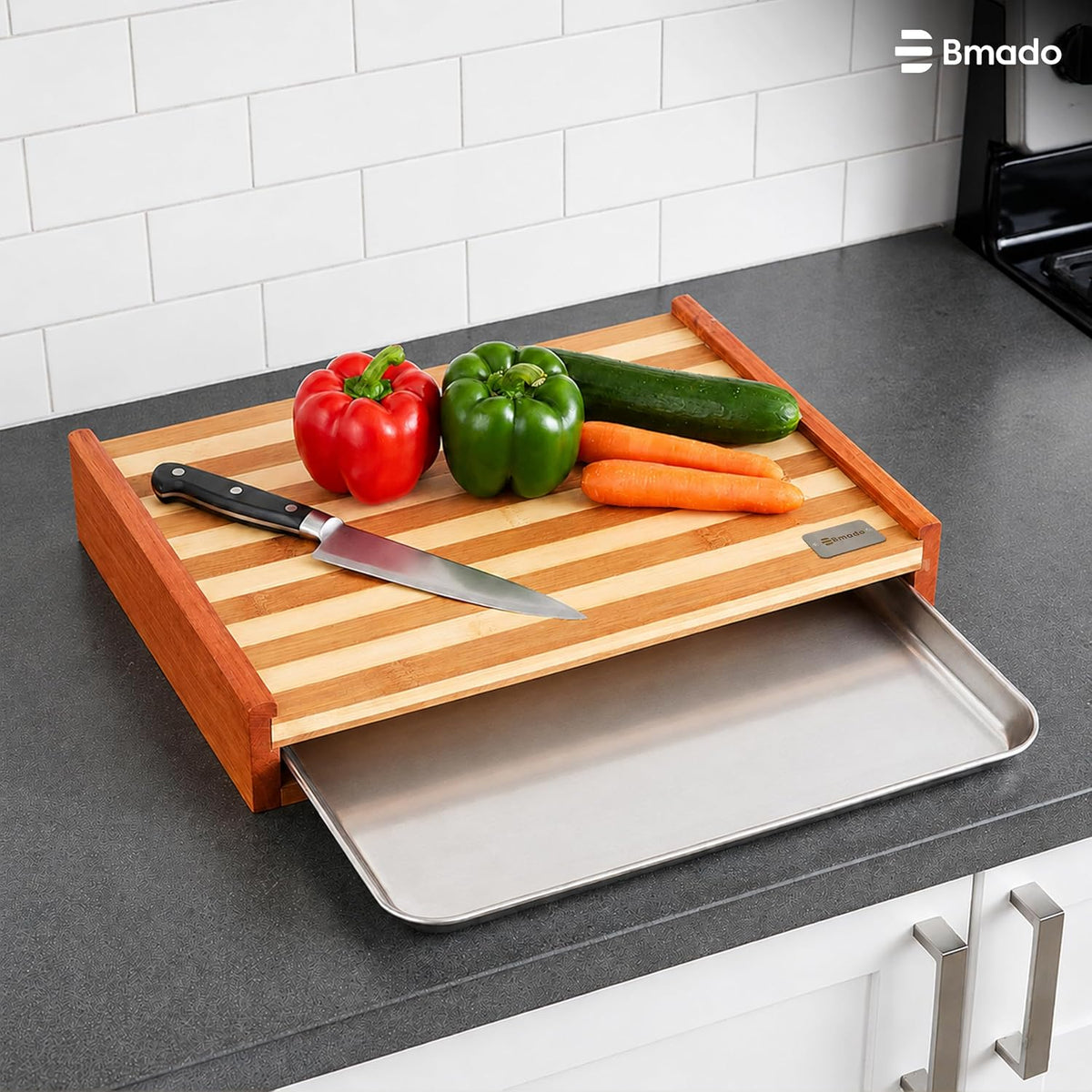 Wooden Cutting Board with Sliding Catch Tray